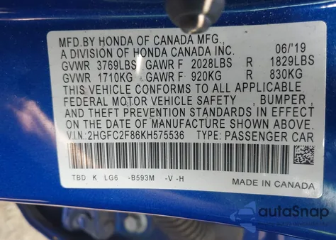 2019 Honda Civic Sport из США, поврежденный, VIN 2HGFC2F86KH575536